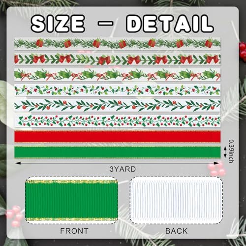 YKW Christmas Ribbon Set - 8 Festive Patterns, 24 Yards Total - 3/8" Wide Holiday Ribbon for Gift Wrapping, Tree Decorations, Crafts -Threaded Ribbon for Xmas Decor, DIY Projects
