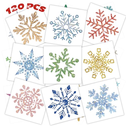 winthrop 120 Pcs Glitter Snowflake Temporary Tattoos for Kids, Individually Wrapped Waterproof Safety Christmas Winter Frozen Party Tattoos, Best Choice for Stocking Stuffers, 60 Designs
