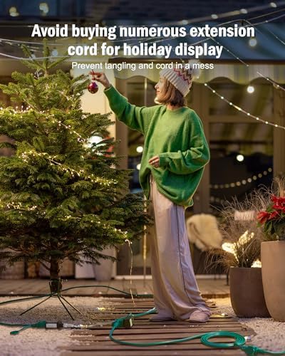 Outdoor Extension Cord Multiple Outlet, 50 Ft Christmas Light Extension Cord Evenly Spaced 6 Outlets Plugs with Safety Cover, 16/3 SJTW Green Extension Cord Outdoor Waterproof