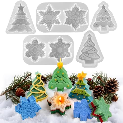 5 Pcs Christmas Candle Molds, Set of 3 Christmas Tree + 2 Snowflake Silicone Mold for Candles Wax Soap Epoxy Resin Casting Home Themes Decor Handmade Gift