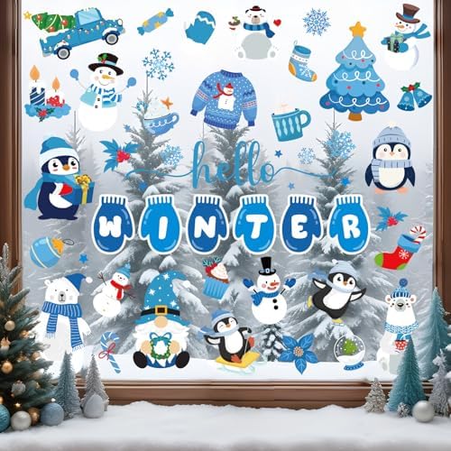 Whaline 9 Sheets Hello Winter Window Cling Stickers Blue Cartoon Penguin Snowman Bear Reusable Window Decals for Christmas Xmas Party Home Office Classroom Decoration