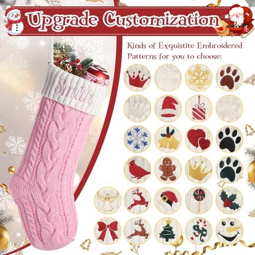 Personalized Christmas Stockings with Christmas Cards,Custom Embroidered Name Monogram Christmas Stocking for Baby Kids Girl Family,18" Large White Pink Knit Xmas Stockings for Fireplace