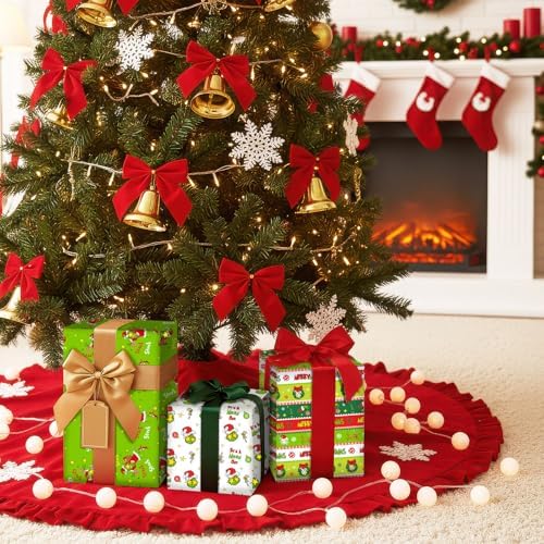 Funny Christmas Wrapping Paper Roll, 3 Rolls Holiday Gift Wrap Papers, Cartoon Green Red Xmas Wrapping Papers Party Supplies, Christmas Paper for DIY Birthday New Year Gift Packing Decor, 17x120 Inch