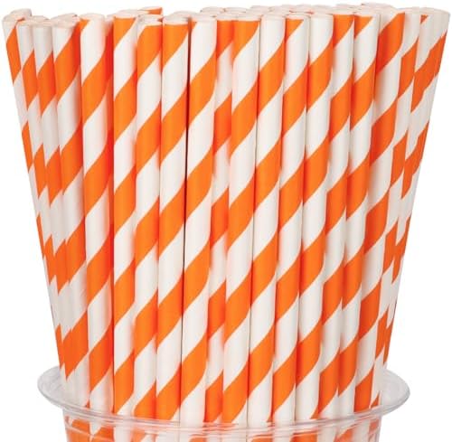 100 Packs Orange Biodegradable Striped Paper Straws, Disposable Drinking Straws for Birthday Carnival Summer Pool Party Wedding Baby Shower Halloween Christmas Party Decoration Supplies