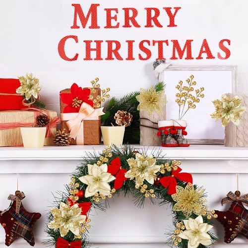 Sggvecsy 30 Pcs 3 Styles Christmas Glitter Poinsettia Flowers Artificial Berry Picks Christmas Tree Ornaments Artificial Christmas Flowers with Clips for Xmas Wedding Wreath Floral Decorations(Gold)