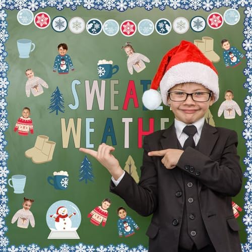 Whaline 85Pcs Winter Bulletin Board Decoration Kit Xmas Tree Snowmen Snowflake Cutouts with Glue Point Christmas Holiday Classroom Bulletin Border Stickers for Home School Office Wall Door Decor