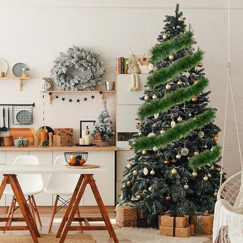 Green Garland Christmas Decorations,50Ft Xams Greenery Tinsel Stems Non-Lit Soft Twist Garland Decor for Tree Stairs Railing Front Door Mantle Fireplace Indoor Outdoor Holiday Home