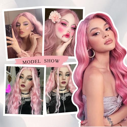 30 Inch Pink Wigs for Women Long Wavy Wigs Light Pink Wig Colorful Curly Wig Natural Looking Middle Part Synthetic Heat Resistant Wigs for Cosplay Halloween Christmas Gifts Party Daily Use