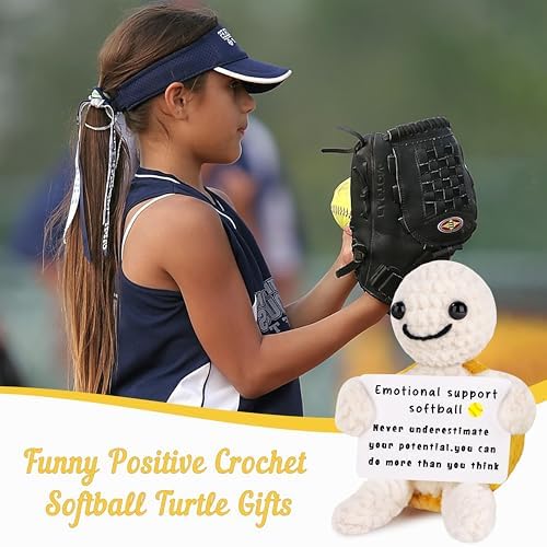 JoycuFF Funny Mini Crochet Softball Turtle Gifts - Emotional Positive Inspirational Softball Stocking Stuffers Gift for Lovers, Players, Fans - White Elephant Christmas Handmade Gifts for Her