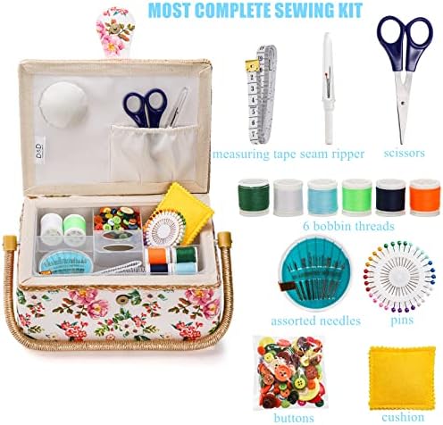 ZOOFOX Sewing Basket with Accessories, Wooden Sewing Kit Storage Box with Removable Tray, Vintage Sewing Kits Carrying Bag for Sewing Mending, Beginner, Professional, Floral Print, Gift for Christmas