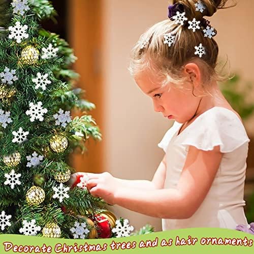 100Pcs Mini Snowflake Ornament Christmas Decorations- Glitter Resin White and Silver Snowflakes Christmas Craft Embellishment for DIY Craft Xmas Tree Winter Party Table Decor (3 Sizes)