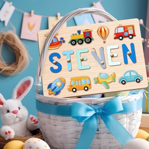 Personalized Name Puzzle for Kids, 1st Birthday Gifts for Girl Boy, Easter Basket Stuffers for Toddler, Custom Easter Christmas Baby Gifts, Toddler Learning Toys, Wooden Name Puzzles for Toddlers 1-3