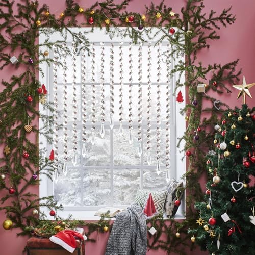 Jishi 33ft Crystal Garland Strands, String of Beads w/Crystal Icicle Prism Pendant, Hanging Crystals for Decoration for Centerpieces Chandeliers Christmas Ornaments, Clear Acrylic Diamond Beaded Chain
