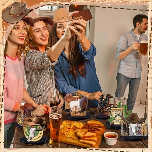 12 Pcs Western Centerpieces Wild West Party Decorations 3.94 Inches Christmas Western Wooden Centerpieces for Tables for Party Decorations Birthday Baby Shower(Brown,Cowboy)