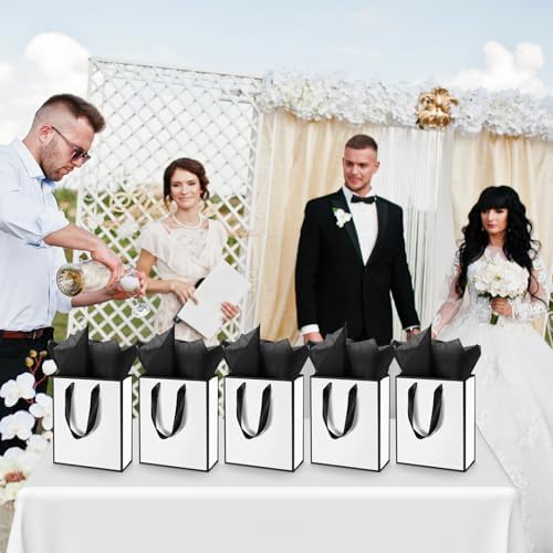 Yeaqee 50 Pack Metallic Gift Bags with Handle and Tissue Paper Gold Foil Thank You Bag for Wedding Christmas 5 Senses Gifts Birthday Holiday Party Hotel, Favors 9x7x3.15''(White Black)