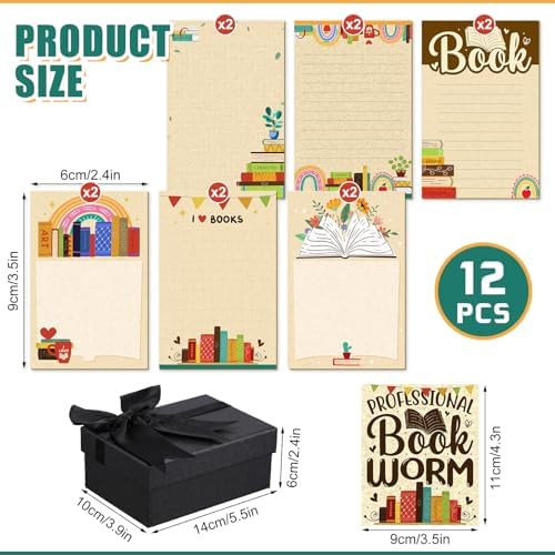 12 Pcs Book Club Sticky Note Set Book Lover Gifts Sticky Note Cute Pads Bookworm Task Trackers with Box Greeting Card Reading Accessories for Reader Bookish Teacher Christmas Gifts
