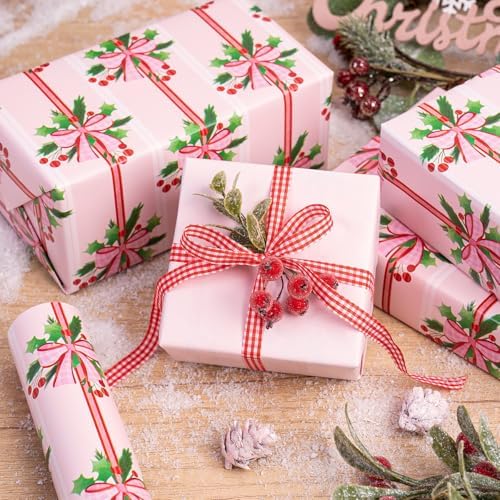 WRAPAHOLIC Reversible Christmas Wrapping Paper - Mini Roll - 17 Inch x 33 Feet - Holly and Red Bow Wrapping Paper with Solid Pink Design for Xmas Holiday, Party Celebration