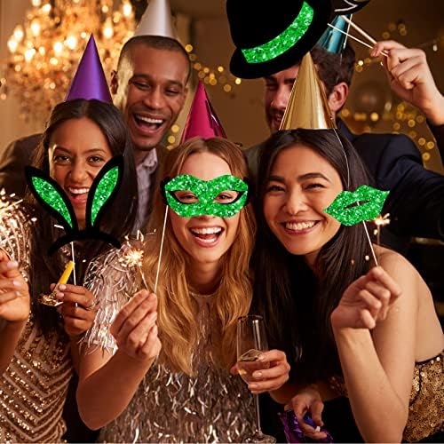 Zonon 24 Pieces Funny Photo Booth Props:Halloween,Christmas,Family Reunion, Class Reunion, Birthday, Weddings, Prom Disco Mardi Gras Party Supplies - Mix of Hats, Lipstick, Tie(Green and Black)
