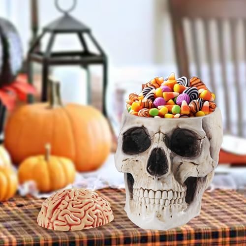 Skull Bowl, Halloween Skull Candy Dish, Human Head Flower Pot Planter Bowl, Resin Skull Head With Brain for Halloween Christmas Candy Servers