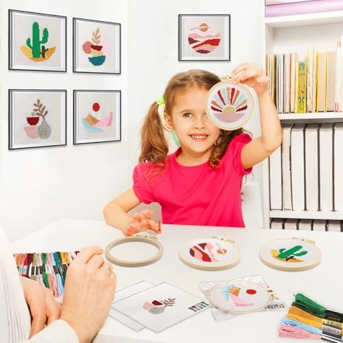 ZOIIWA 6PCS Cross Kits for Beginners DIY Embroidery Kit for Kids Adults Boho Cross Kits Christmas Birthday Gift Abstract Landscape Needlepoint Patterns with 2 Embroidery Hoops Craft Supplies