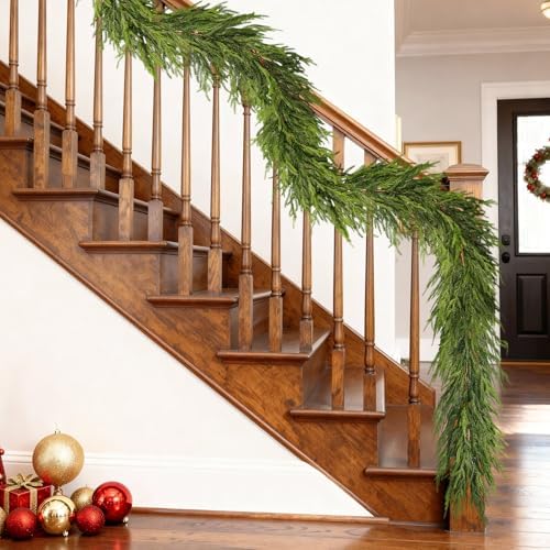 9FT Real Touch Norfolk Pine Garland - Artificial Christmas Garland Fake Green Faux Pine Needles Garland for Table Fireplace Mantle Holiday Home Indoor Outdoor Decor (1PCS)
