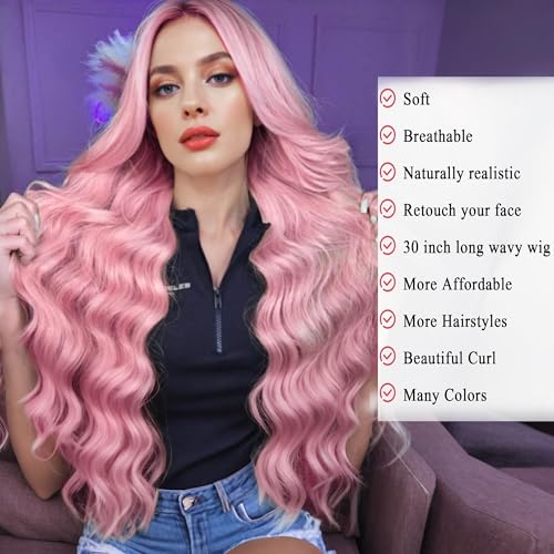 30 Inch Pink Wigs for Women Long Wavy Wigs Light Pink Wig Colorful Curly Wig Natural Looking Middle Part Synthetic Heat Resistant Wigs for Cosplay Halloween Christmas Gifts Party Daily Use
