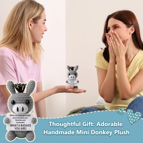 Funny Positive Badass Donkey Crochet Plush, Christmas Stocking Stuffer Motivational Gift for Coworkers, Best Friends – Emotional Uplifting Support Small Cute Crochet Stuffed Animals for Women Men