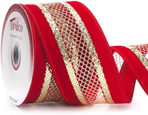 2.5" Red Velvet Gold Mesh Wired Ribbon 10Yards for Christmas Wedding Wreath Gift Wrapping Home Décor DIY