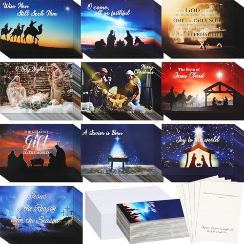 Zhanmai 100 Pack Religious Christmas Cards with Bible Verses, Christian Nativity Cards with Envelopes, Stickers for Christmas Gifts (Classic Style)