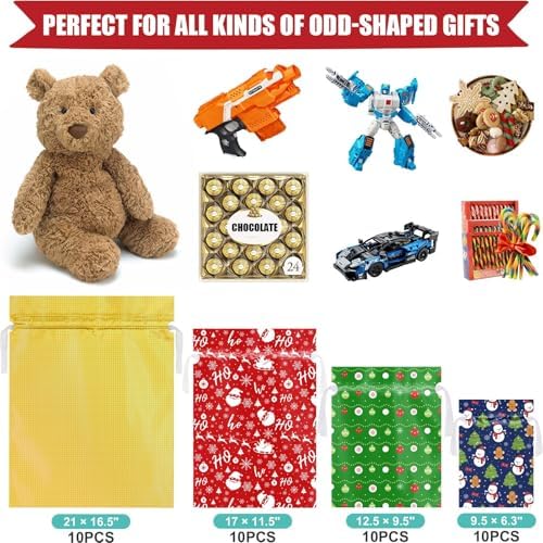 Asoulin Christmas Drawstring Gift Bags with Tags - 40 Pcs Christmas Gift Bag Assorted Size Large Medium Small Foil Gift Wrapping Bag for Birthday, Goodies, Xmas Holiday Party Favor Decoration Supplies