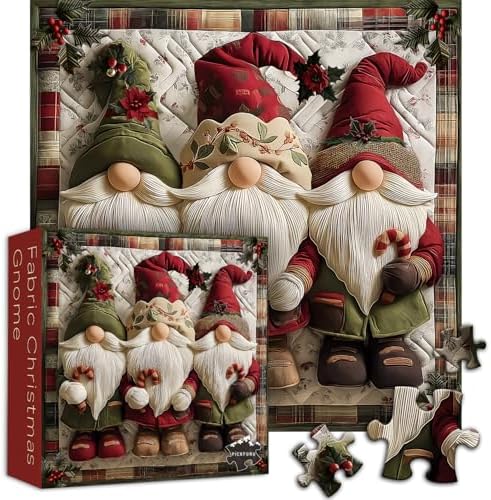 Christmas Gnome Puzzles for Adults 1000 Pieces, Unique Retro Xmas Patchwork Art Challenge Jigsaw Puzzle, Winter Holiday Vintage Christmas Themed, Three Cute Gnomes Quilting Puzzles for Adults