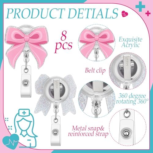 XunYee 8 Pack Pink Bow Nurse Badge Reels Xmas Retractable ID Name Nursing Medical Reels Badge Holder Christmas Stocking Gift for Nursing Student, ID Card Office Nurses Student, Teacher, Medical Worker