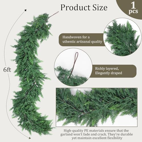 Hananona 6 FT Artificial Cedar Garlands, Real Touch Winter Cedar Cypress Garland, Green Artificial Greenery Pine Garland for Table, Mantle, Wall, Indoor, Outdoor Christmas Decorations (1, 6 FT)