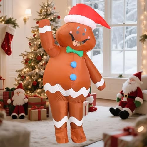 Gingerbread Costume Kids,Ages 9-12 Inflatable Christmas Costume,Funny Blow up Christmas Character Ginger bread man Costumes for Boy Girl Children,Xmas Holiday Cosplay Party Blowup Onesies Outfit Suit