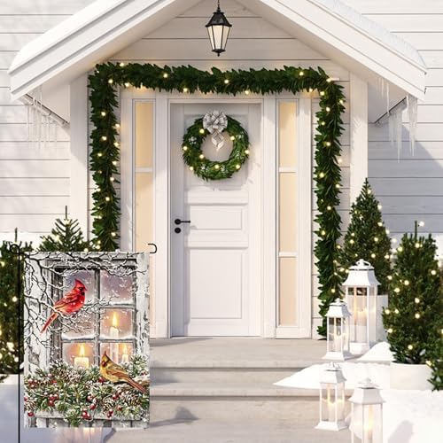 Winter Candle Cardinal Garden Flags 12×18 Inch Double Sided Xmas Cardinal Garden Flags Rustic Farmhouse Yard Red Birds Flags with Pine Twigs Window Candle Berry Outdoor Decor Christmas Garden Flag