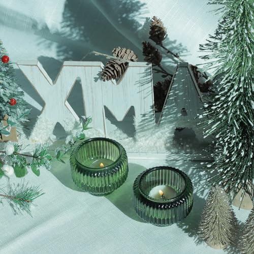 Woho Candlestick Holders Set of 4 for Taper Candles/Tea Lights, Green Ribbed Candle Sticks Holder Decor for Table Centerpiece, Reversible Taper Candle Holders Glass for Christmas Home Decoration