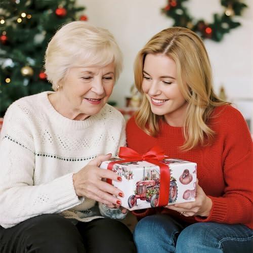 RUSPEPA Christmas Farm Wrapping Paper Roll, Mini Roll, Santa on Horse, Tractor, Red Barn, Farm Animalsand Christmas Decorations, Rustic Gift Wrap for Holiday, Country Party,17 Inches x 16.4 Feet