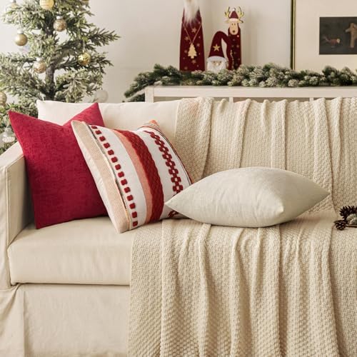 Woaboy Pack of 2 Red Pillow Covers 20x20 Inch Christmas Soft Chenille Couch Throw Pillows Solid Color Cushion Covers Home Decoration for Spring Sofa Living Room
