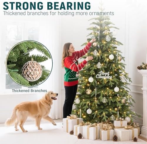 YITAHOME 7.5FT Prelit Slim Fraser Grande Christmas Tree with Remote Control, Artificial Hinged Drooping Pencil Prelit Holiday Christmas Tree w/ 2199 Mixed PE & PVC Tips, 400 Lights & 11 Light Modes