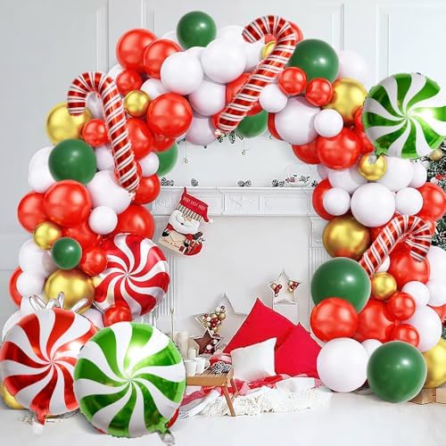 126 PCS Red Green White Christmas Balloon Garland Arch Kit, Gingerbread Holiday Balloon Arch Kit Xmas Christmas Decorations Balloons Christmas Party Garland Balloons Candy Cane Balloon Arch Kit