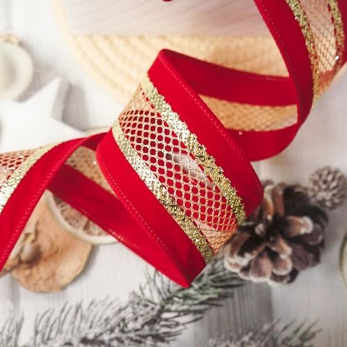 2.5" Red Velvet Gold Mesh Wired Ribbon 10Yards for Christmas Wedding Wreath Gift Wrapping Home Décor DIY