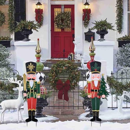 YEAHOME Outdoor Christmas Decorations, Set of 2 Metal Nutcracker Decorative Garden Stakes for Christmas Outdoor Yard, Xmas Walnut Soldier Yard Signs for Outside Home Garden Lawn Porch Pathway Decor