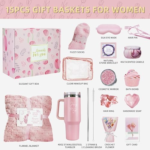 15PCS Birthday Gifts for Women, Relaxing Spa Basket With Luxury Flannel Blanket and 40 oz Tumbler - Care Package for Her, Mom, Wife, Friends - Valentine's, Mother's Day, Christmas