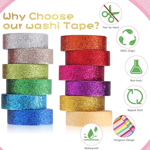 12 Rolls Glitter Washi Tape Set Christmas Washi Masking Tape Decorative Adhesive Tape for Scrapbooking DIY Crafts Crafters Embellished Journals Planners Cards Gift Wrapping Ribbons Wedding