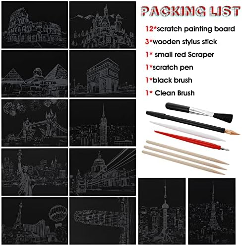 12 Sheets Scratch Painting Rainbow Paper, Sketch Pads DIY Art Craft City Series Night View Scratchboard Craft Art Kits with 6 Tools for Adults Kids Halloween Christmas(7.8 X 5.5 Inches(Style A))
