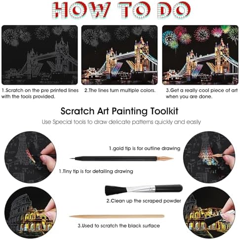 12 Sheets Scratch Painting Rainbow Paper, Sketch Pads DIY Art Craft City Series Night View Scratchboard Craft Art Kits with 6 Tools for Adults Kids Halloween Christmas(7.8 X 5.5 Inches(Style A))