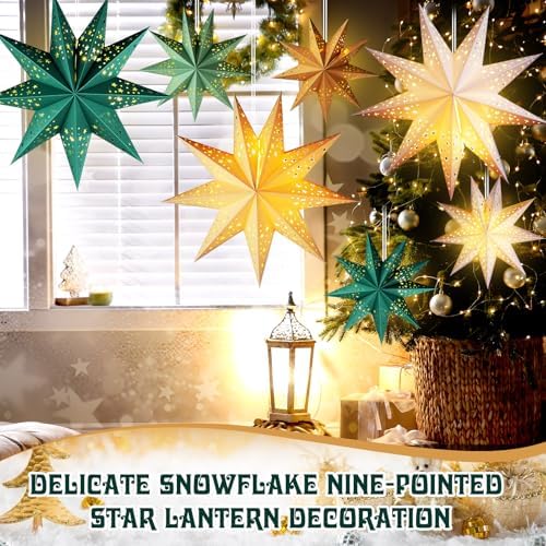 12 Pcs Christmas Paper Star Lantern 7/8/9 Points Sage Green Hanging Ornament 3D Neutral Star Lantern with String Light 12 and 17.72 Inch Hollow Lampshade for Xmas Party Decor(9 Pointed)
