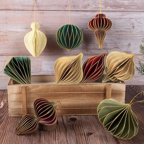 12Pcs Christmas Paper Honeycomb Ornaments for Tree, 3D Glitter Edge Paper Honeycomb Lanterns Foldable Neutral Hanging Decorations for Xmas Tree New Year Holiday Party Home Decor, Red Green Beige