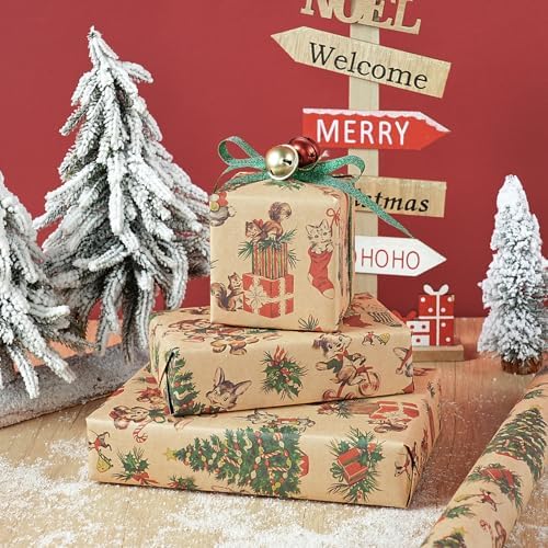 RUSPEPA Kraft Christmas Wrapping Paper Roll, Mini Roll, Vintage Animals Like Cat and Squirrel with Santa Hats, Tree, Stockings & Gifts, Kraft Gift Wrap for Boys, Girls, Holiday, 17 Inches x 16.4 Feet