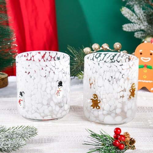 2 Pcs Christmas Icon Glass Cups Set-14 oz Gingerbread Man and Snowman Icon Wine Glasses Double Old Fashioned Icon Hand blown Cocktail Glasses Drinking Cups for Holiday Party Supplies and Lovely Gift